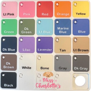 A grid of 24 square-shaped color swatches in various shades of pink, red, orange, yellow, green, blue, brown, white, and gray, with labels for each color.