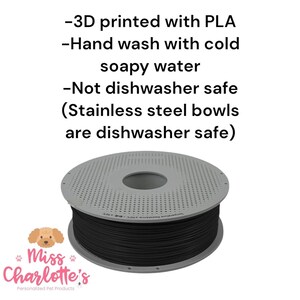 A spool of black 3D printer filament is shown with text overlay describing product care instructions.
