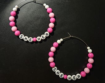 SHE HER statement Beaded Hoops