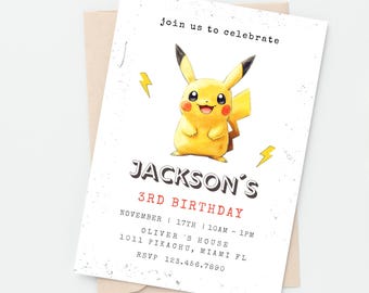 Edytowalne zaproszenie urodzinowe Pika, szablon Canva (do pobrania cyfrowego)