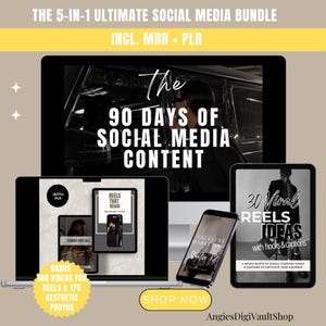 Puede incluir: Un paquete de marketing digital con el título "The 90 Days of Social Media Content" en la pantalla de una computadora portátil. El paquete incluye 30 ideas de carretes virales con ganchos y subtítulos, marketing sin rostro y carretes que llegan. El paquete también incluye 100 videos para carretes y 175 fotos estéticas.