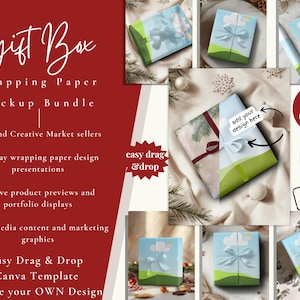 May include: A mockup bundle for gift box wrapping paper, featuring various designs with bows and cloud graphics. The image includes text such as "Gift Box Wrapping Paper Mockup Bundle" and "Edit in Canva".
