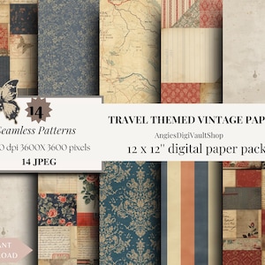 May include: A collection of 14 seamless digital paper patterns with a vintage travel theme. The pack includes various designs, such as maps, floral prints, and patterned textures. Each paper is 12 x 12 inches.