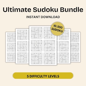 Ultimate Sudoku Puzzle Bundle – 10,500 Printable Sudoku Puzzles (5 Difficulty Levels, 1.750 Pages, Instant PDF Download)