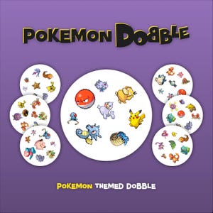 May include: Pokemon Dobble game set on a purple background. The game features circular cards with various Pokemon characters. The text "Pokemon Dobble" is displayed at the top, with "Pokemon Themed Dobble" at the bottom.
