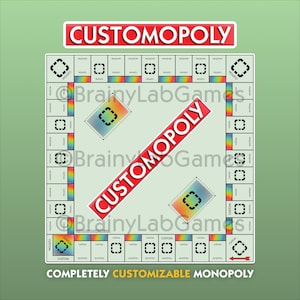 Op de afbeelding: Een aangepast Monopoly-bord met de tekst "CUSTOMOPOLY" in het rood. Het bord heeft een lichtgroene achtergrond met regenboogkleurige randen en de tekst "COMPLETELY CUSTOMIZABLE MONOPOLY". Het ontwerp bevat aangepaste vakken en logo's.