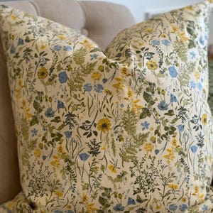 Wildflower Pillow Cover – Yellow & Blue Floral Cushion – Cottagecore Spring Decor – 16x16 to 24x24 Handmade Throw Pillow Cover