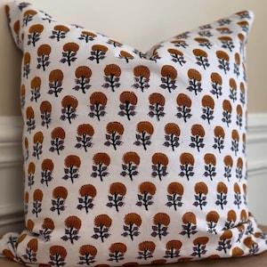 Boho Block Print Pillow Cover - Burnt Orange Floral Cushion for Modern Cottage Decor - Handmade 18x18 Throw Pillow Cover