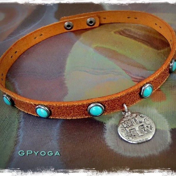 PIRATE COIN choker Brown Leather collar Doubloon charm Cowgirl jewelry Turquoise Studded Choker Bohemian Boho Gypsy Festival jewelry GPyoga