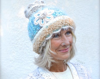 Fuzzy LOTUS flower hat. Artisan hat. Aqua BLUE Crochet Knit hat. White Flower hat. STATEMENT Hat. Womens beanies. Shabby Chic hats. GPyoga