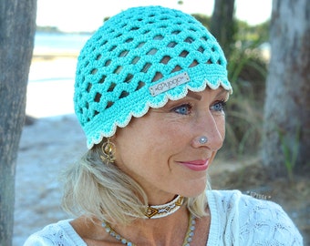 TURQUOISE hat. 100% cotton BEANIE. Feminine Beanie hat. Scalloped hat. Hand Crochet Beanie. BOHO hat. Cute womens hats. Beach hat. GPyoga