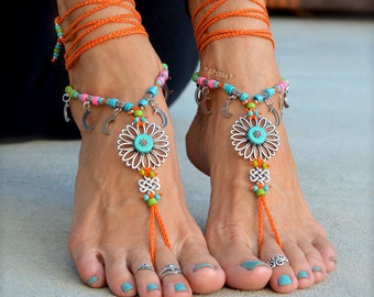 Orange SUNFLOWER BAREFOOT Sandals. Crescent MOON charms. Hippie foot jewelry. Toe Thongs. Festival Statement Ankle Wrap sandals. GPyoga