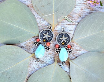 Larimar Starfish Earrings – Sterling Silver, Coral Dangles, Seaside Vacation Jewelry. GPyoga