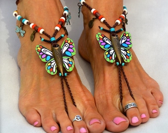 BUTTERFLY Barfuß Sandalen. GRÜNE Schmetterlinge. Ankle Wrap Sandalen. Feen Füße. Sommer Schuhe für Frauen. HIPPIE Boho Schmuck. Handgemachte Yogamaske