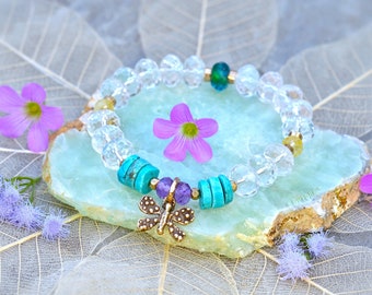 BUTTERFLY bracelet. QUARTZ Crystal. Stretch bracelet. Artisan Butterfly charm. Transformation jewelry. Gift for her. Womens fashion. GPyoga