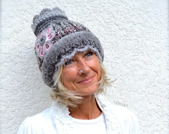 Pewter GRAY hat. LOTUS beanie. Artisan hat. Crochet Hat Knit hat. PINK Flower hat. Winter Womens beanies. Fuzzy hat. Shabby Chic hat. GPyoga