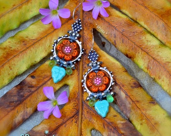 Spring FLOWERS earrings. Silver HOOPS. Granulated earrings. Dangle earrings. Fairy LEAF jewelry. Nature Lover. Gift for her. GPyoga