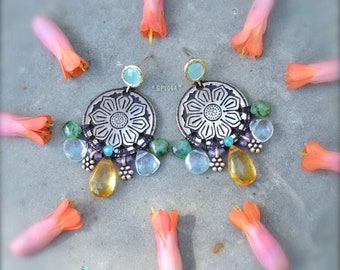 Topaz MANDALA earrings. African Emerald. Citrine earrings. LOTUS post earrings. Crystal jewelry. Statement earrings. Artisan jewelry. GPyoga