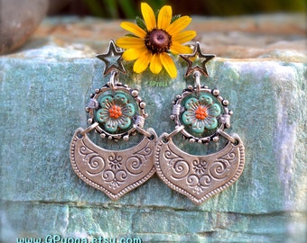 STARS and FLOWERS Earrings. Mandala PETAL earrings. Boho earrings. Silver Post earrings. Womens Statement jewelry. Gift for her. GPyoga