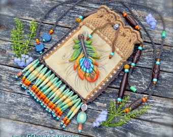 FEATHER medicine bag. Purse NECKLACE. Tribal Medicine Pouch. PEACOCK feather. Fringed necklace. Wealth amulet. Artisan Handmade. GPyoga