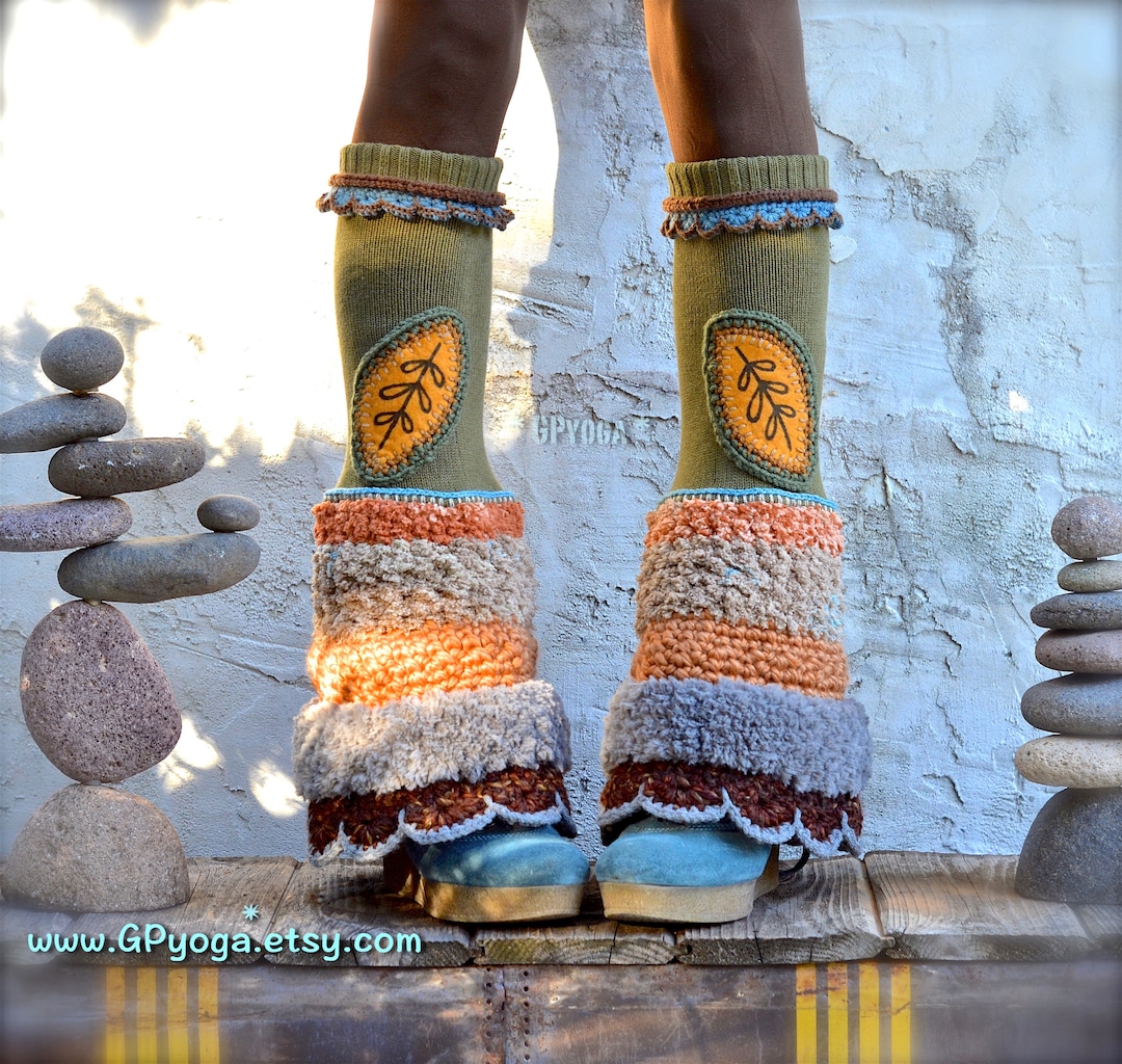 AUTUMN Leg Warmers. Furry Bell Bottoms With LEAF Applique. Flared Leg