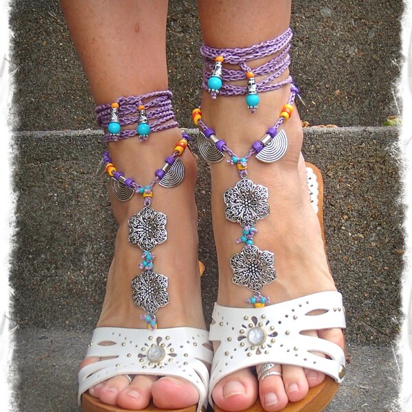 GYPSY purple BAREFOOT Sandals Anklets Crochet SANDALS Wedding Barefoot Sandals sole less shoes Foot Jewelry Hippie Bare feet Tribal