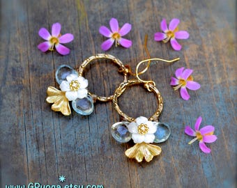 GINKGO Leaf, TOPAZ and Mother of Pearl Flower earrings. Artisan bronze HOOPS. Crystal jewelry. Feminine Shakti. Gift for her. GPyoga