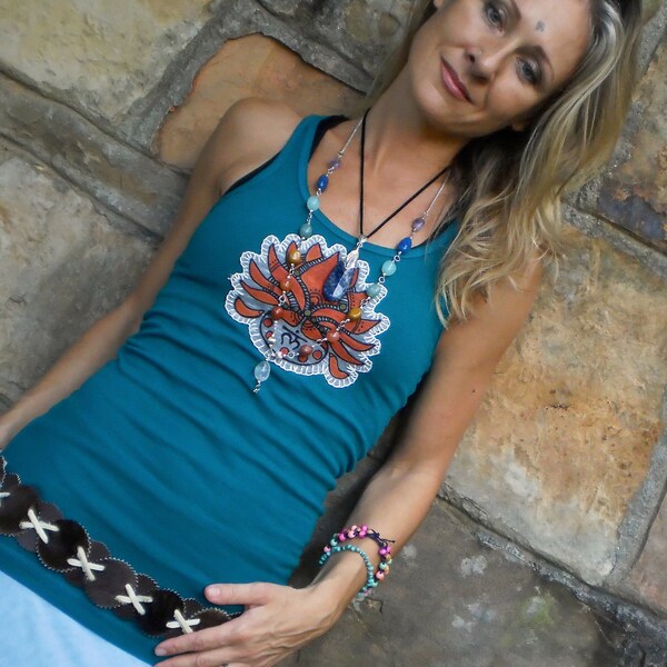 YOGA TOP deep teal red LOTUS tank root chakra hippie tank top bohemian hand painted embroidered eco friendly