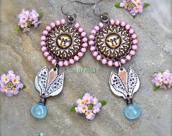 Aqua Chalcedony Rain Drop Earrings: Brass Sun, Micro-Crochet Jewelry