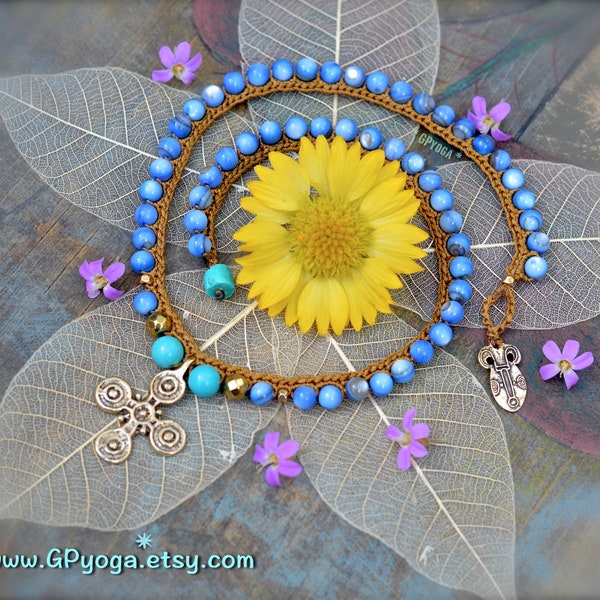 ETHIOPIAN CROSS necklace. Denim BLUE shell beads. Crochet jewelry. Coptic Cross. Tribal African necklace. Religious Spiritual Faith. GPyoga