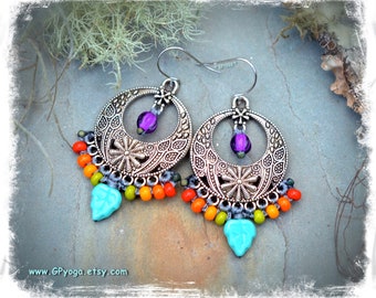 Colorful BALI Earrings. LEAF earrings. Oriental earrings. Free spirit. Belly Dance jewelry. Beaded silver earrings. Cowgirl jewelry. GPyoga