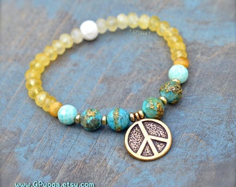 Citrine PEACE bracelet. Bronze Peace Sign Stretch bracelet. Hippie Vibes. Boho bracelet. Shanti. Yoga jewelry. Gift for her. Crystals GPyoga