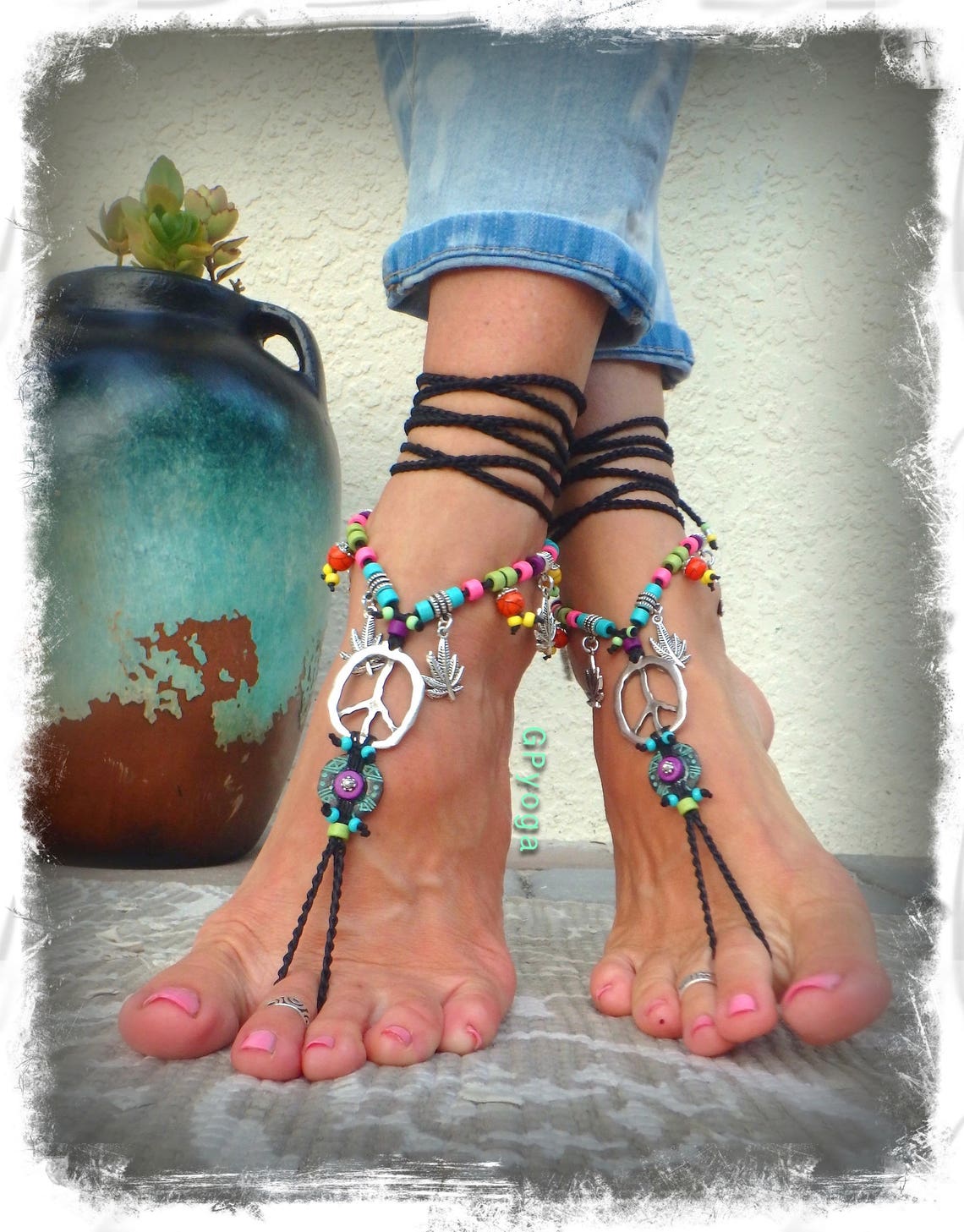 Hippie PEACE sign BAREFOOT sandals Bikini feet Hemp Leaf Etsy