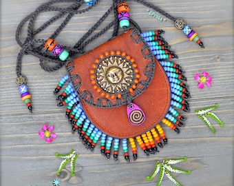 Leather Fringe Talisman Bag Necklace: Surya Devi Mini Purse