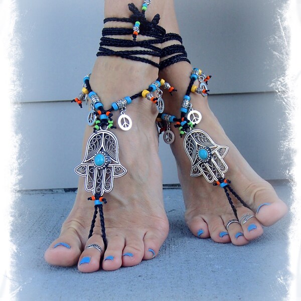 HAMSA hand BAREFOOT sandals tribal belly Dance foot jewelry ORANGE Ankle wrap sandal Ethnic Wedding Hippie Boho Toe Thong bare feet GPyoga