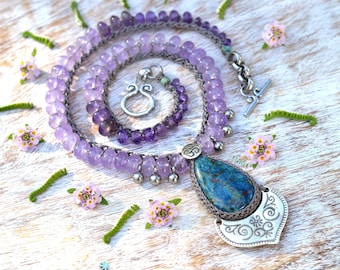 Amethyst & Shattuckite Necklace: Sacred OM Mandala, Artisan Healing Crystals