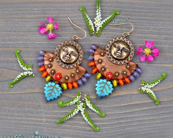 Boho Sun Earrings: Hand-Tooled Coconut Shell, Brass & Czech Glass