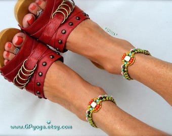 PINK frill Ankle Bracelet. Boho beaded Foot jewelry.  Adjustable Green ANKLET.  Bridal jewelry. DANCE accessories. GPyoga