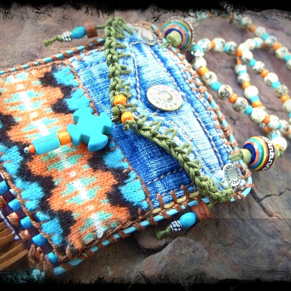 Mini Denim Aztec MEDICINE bag Native American INDIAN medicine bag, CROSS charm turquoise Shaman necklace Fringe necklace