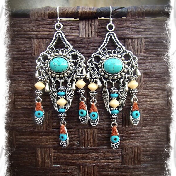 Cowgirl Earrings TURQUOISE Gypsy hippie EARRINGS Angel Wing long earrings Beaded chandelier earrings Teardrop earrings GPyoga