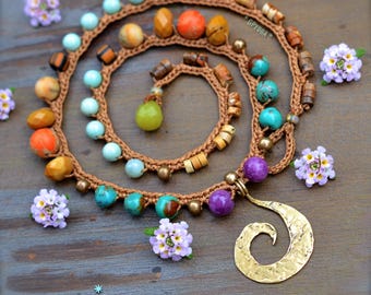 SPIRAL of Life necklace. Mixed gemstone jewelry. RAINBOW delight. Beaded Crochet accessories. Boho Gift for her. GPyoga