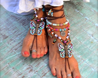 Blue BUTTERFLY barefoot sandals. Handmade Butterflies. HIPPIE Boho Ankle Wrap sandals. Fairy feet. Summer FESTIVAL jewelry.  GPyoga