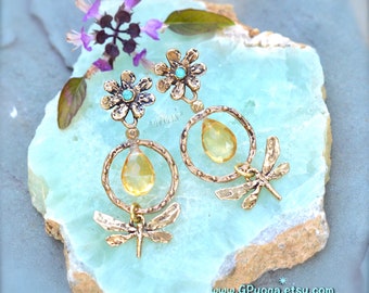 DRAGONFLY earrings. Crystal jewelry. Feminine Energy. CITRINE earrings. Artisan bronze FLOWER earrings. Spring welcome. Gift for her. GPyoga