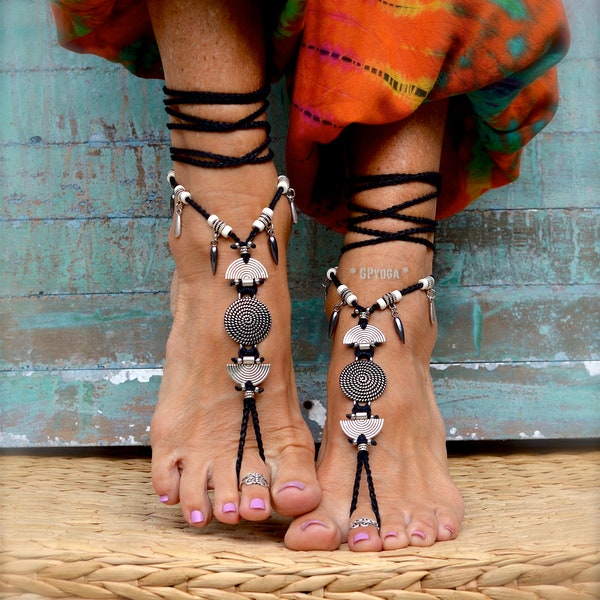 Tribal BAREFOOT sandals. BLACK and Silver foot jewelry. Barefoot Sandals Women. Mens barefoot shoes. Black Toe thong sandals. GPyoga