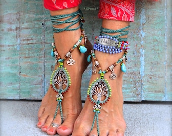 LOTUS Tree Barefoot Sandals. Ombre GREEN foot jewelry. Beaded Statement shoes. Outdoor Wedding. Nature Lover. GPyoga