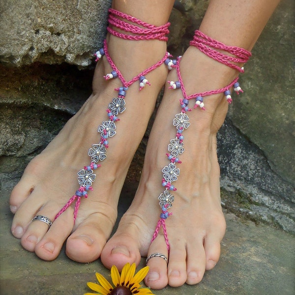 BRIDAL BAREFOOT SANDALS hot pink blueberry lilac filigree flowers crochet foot jewelry gypsy hippie slave anklet fuchsia Beach Wedding
