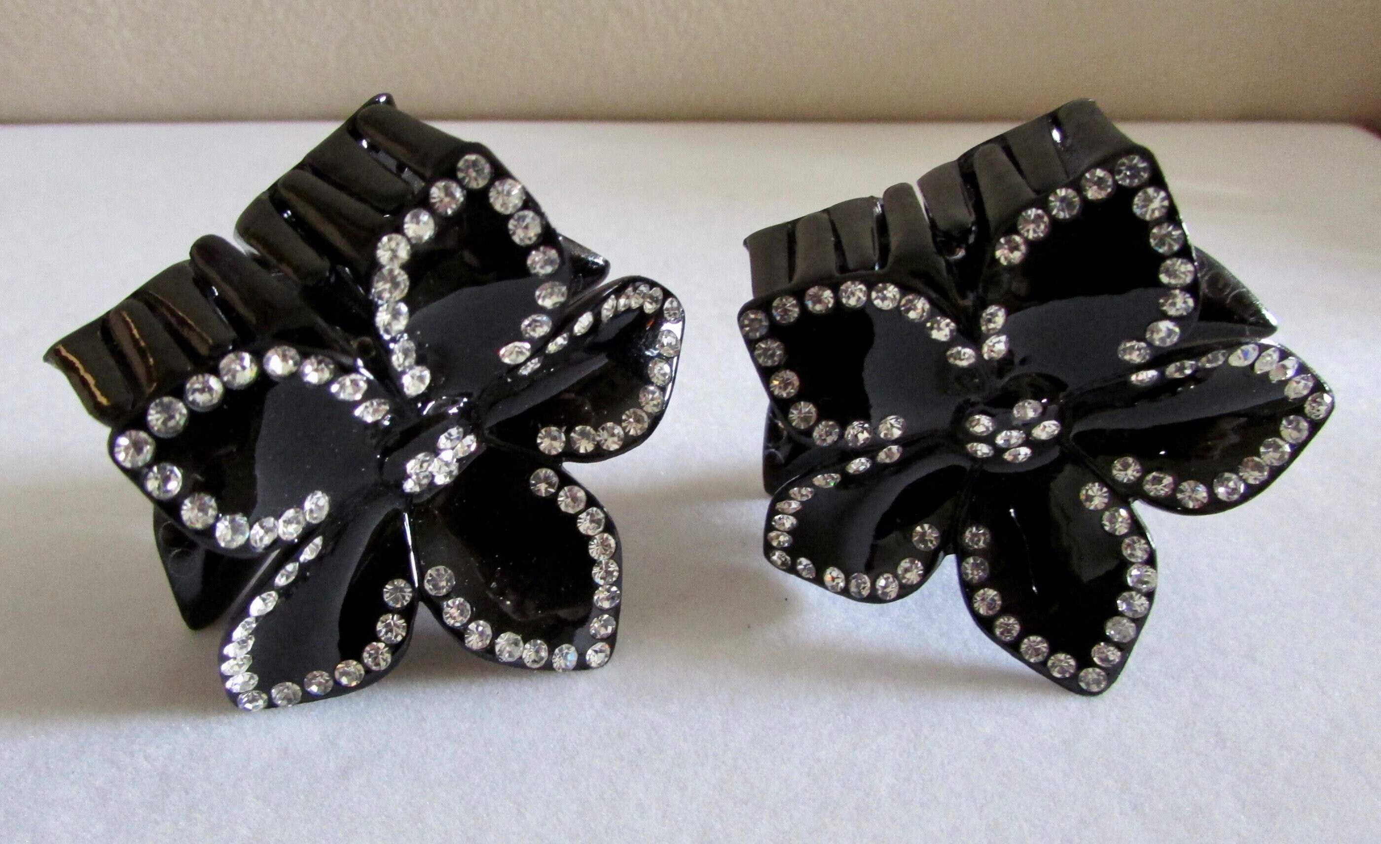 Classic Hardware hair jewelry clips set of two black and clear rhinestones Two Vintage Hair Clips , Double Flowers , Black With Clear  main image 2