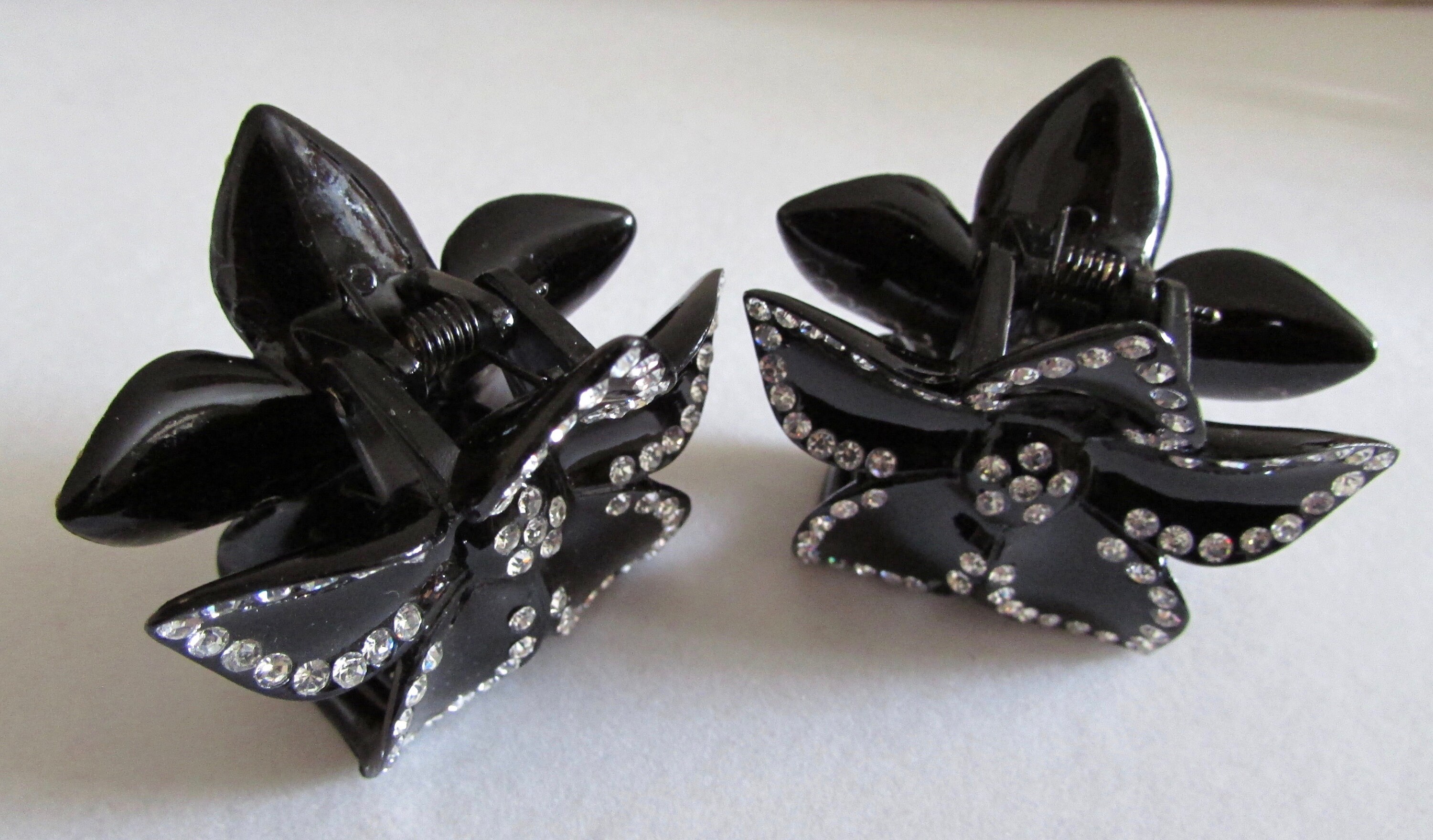 Two Vintage Hair Clips , Double Flowers , Black With Clear 