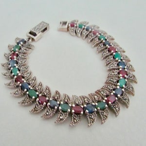 Vintage silver bracelet with marcasites, rubies, emeralds, sapphires