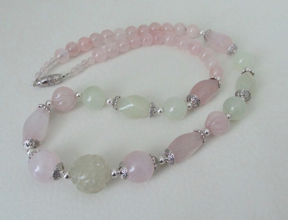 Rose quartz and serpentine jade necklace.